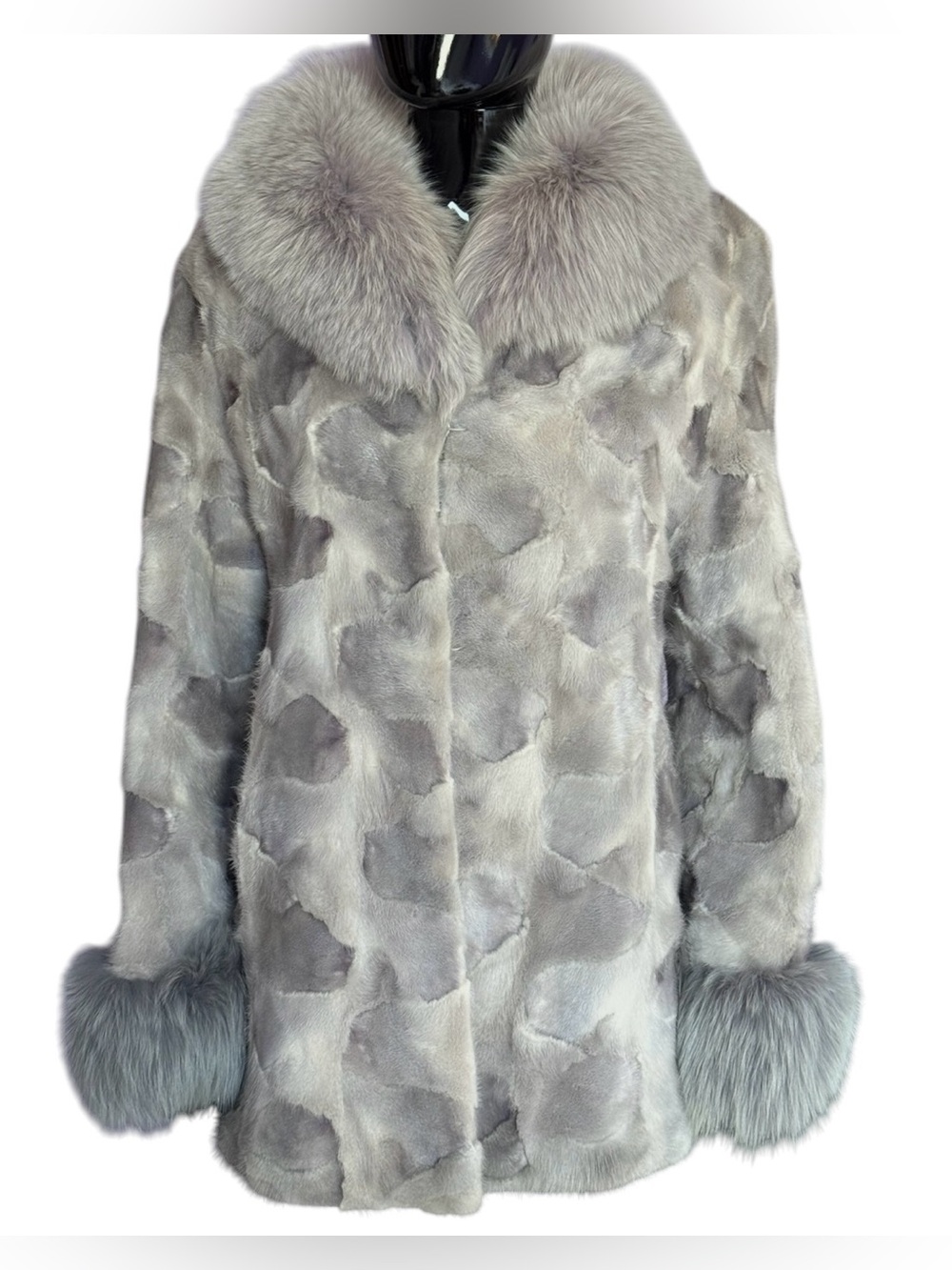 Luxury sapphire gray mink fur coat with grey silver fox trim